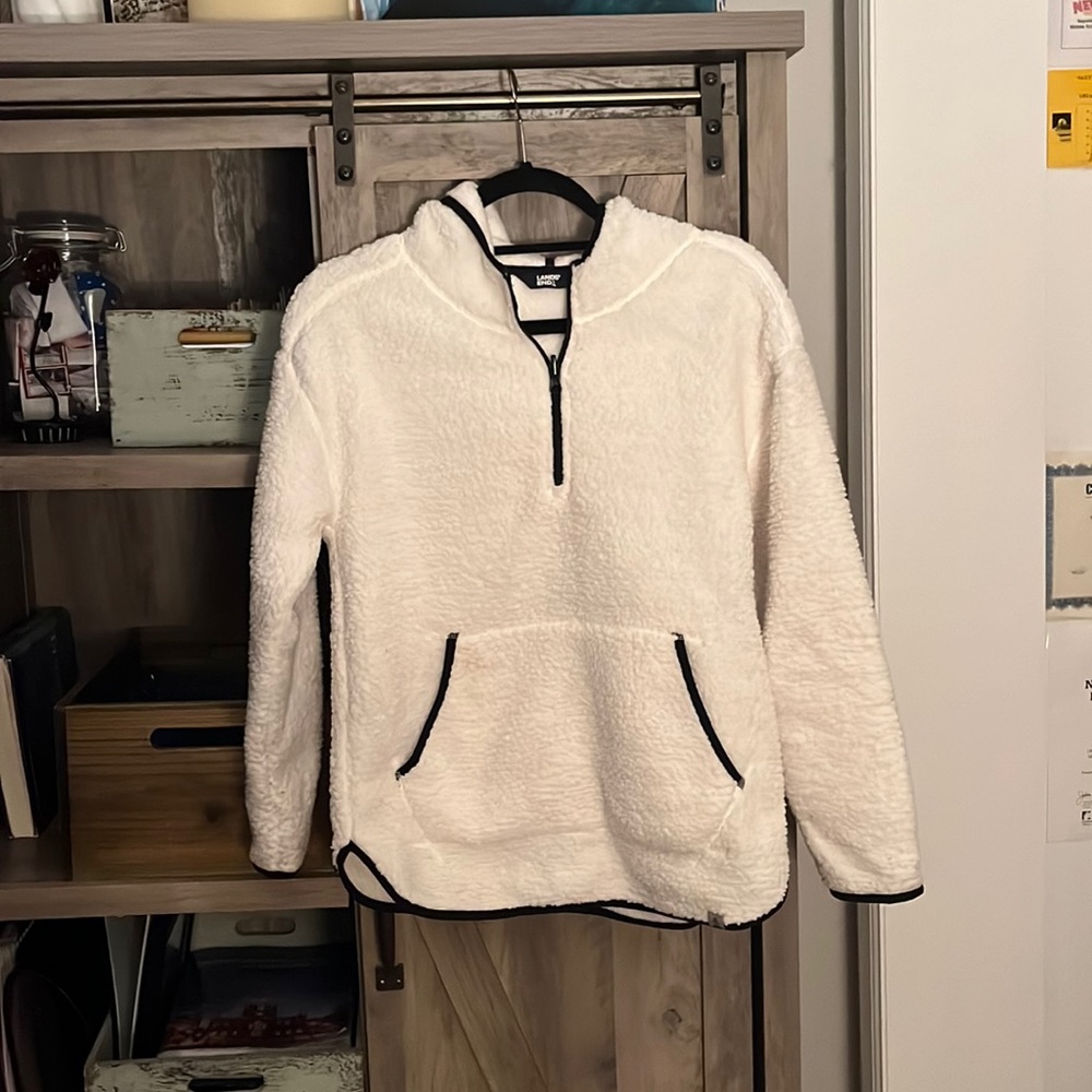 Lands’ End Cream Colored Zip Up Front Pocket Hooded Fleece,XS